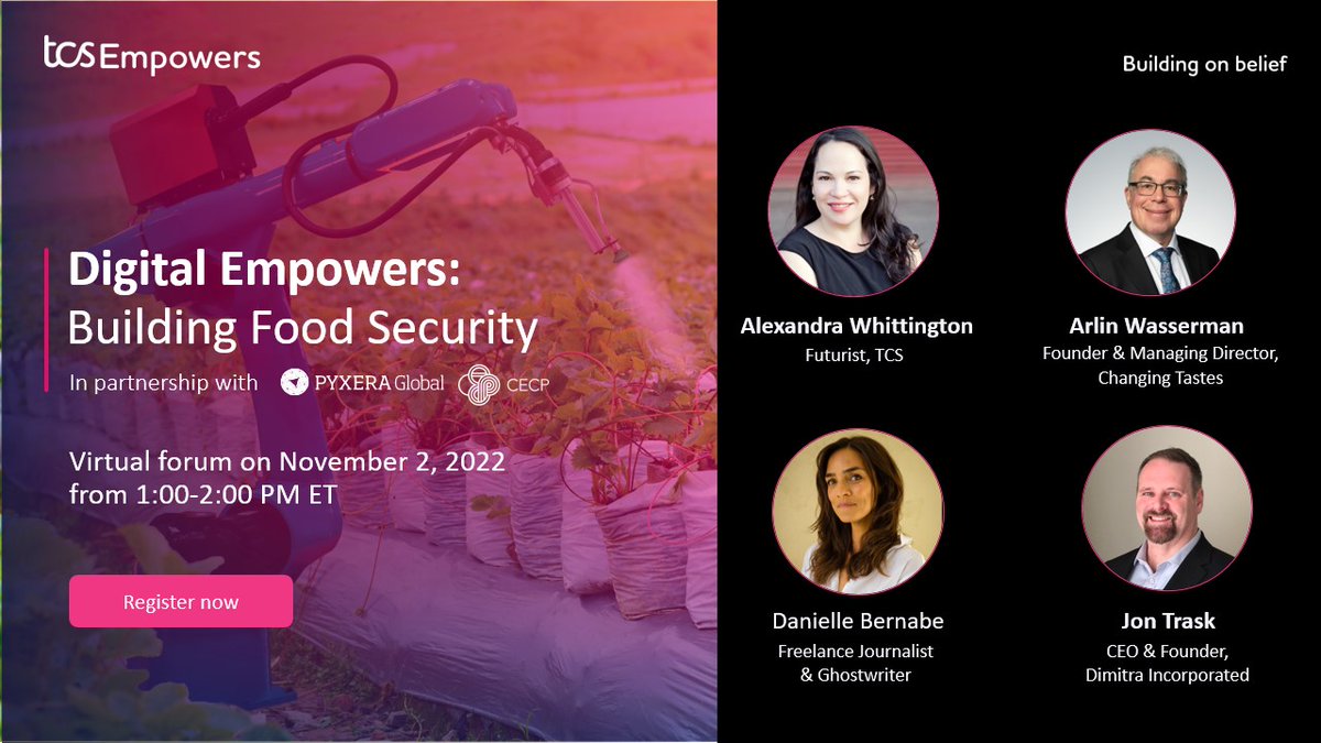 #Foodinsecurity is a complex issue that threatens over 2 billion people. On 11/2 join @arlinwasserman, @ChangingTastes, @alexandra4casts, & @dimitratech on a #DigitalEmpowersUS panel to learn how #digital can help close the gap. Register: on.tcs.com/DE_FoodSecurity #TCSEmpowers
