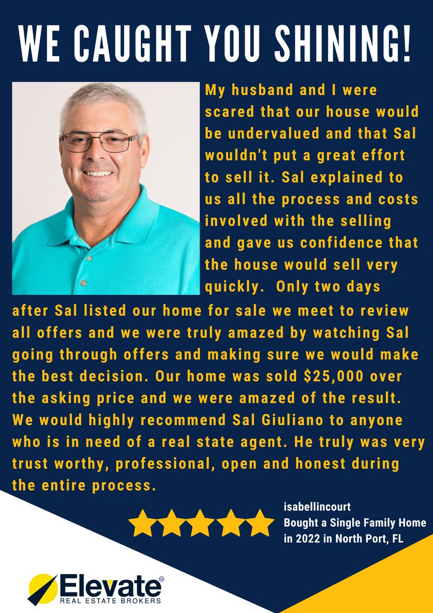 ElevateBrokers's tweet photo. We Caught You Shining, Sal Giuliano!

Our shout out goes to one of our Awesome #Elevate Team Leaders in the North Port area, Sal Giuliano!

Great Job, Sal! Your dedication and hard work is truly inspiring! Your #Elevate family is proud of you! Well Done! https://t.co/cDKYrchM0u