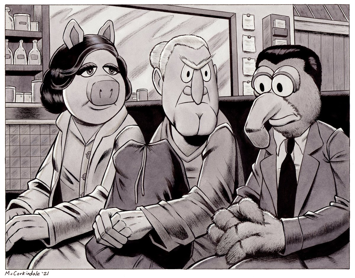 brucemccorkinda's tweet photo. A month of #Muptober flashbacks! Day 27, 2021: A Muppet version of HIROSHIMA MON AMOUR featuring Miss Piggy, Gonzo, and Astoria. Mixed media on 8.5 X 11" bristol board. #ArthouseMuppets https://t.co/jBTbMOTCGA