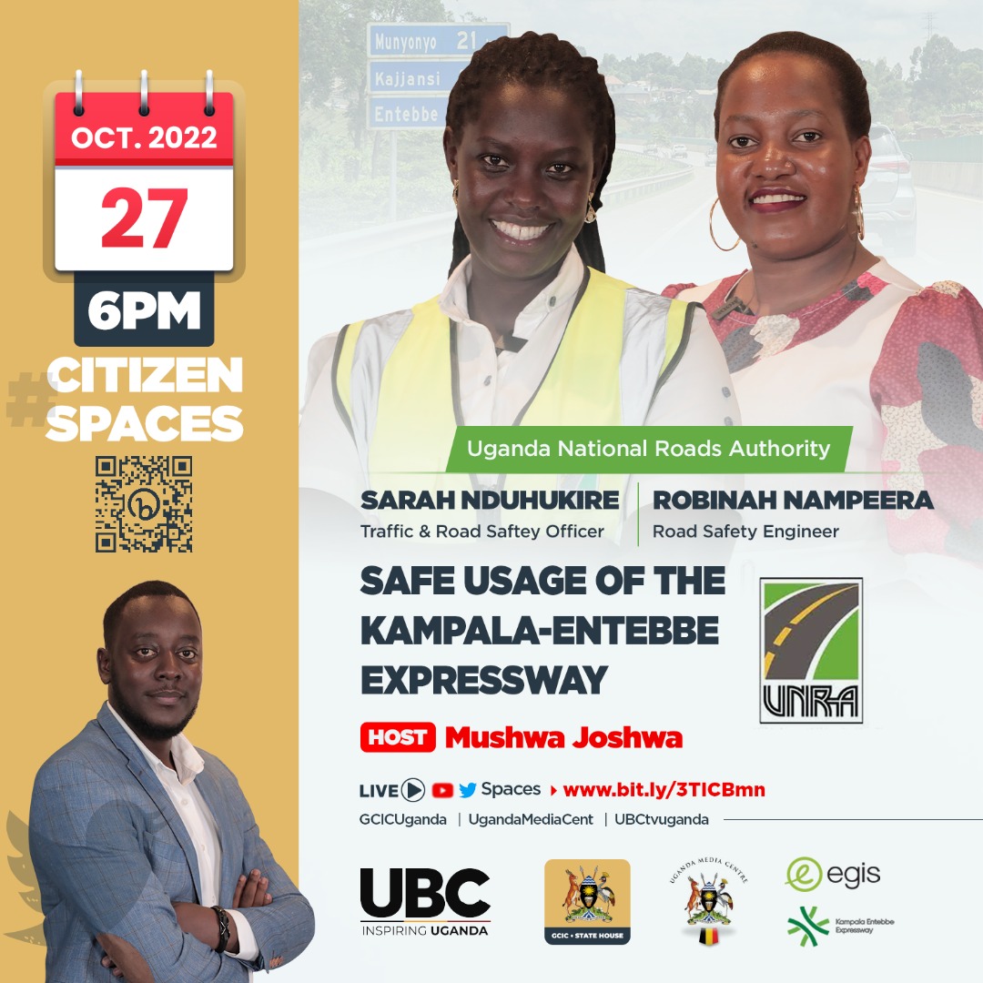 GCICUganda's tweet photo. 𝗖𝗼𝗺𝗶𝗻𝗴 𝘂𝗽! #GCICTwitterSpace

Don't miss an indepth discussion on 'Safe usage of the Kampala-Entebbe Expressway'
 
🕕Time:6:00 PM
🗓️Date: October 27,2022
🔗https://t.co/Wzl0rSIBKn https://t.co/YlfiaLSuPe