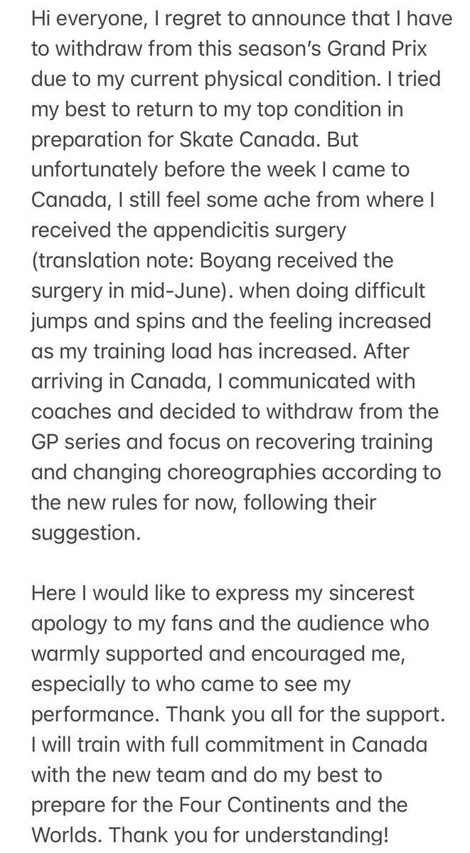 boyang_fan's tweet photo. 20221027
Boyang announced his withdrawal from this season’s Grand Prix (SCI &amp; NHK), due to incomplete recovery from the appendicitis surgery. He had arrived in Toronto early this week to start working with Brian Orser. Full translation:

#BoyangJin #金博洋 #ボーヤンジン #ボーヤン https://t.co/AOjLUjxhHZ