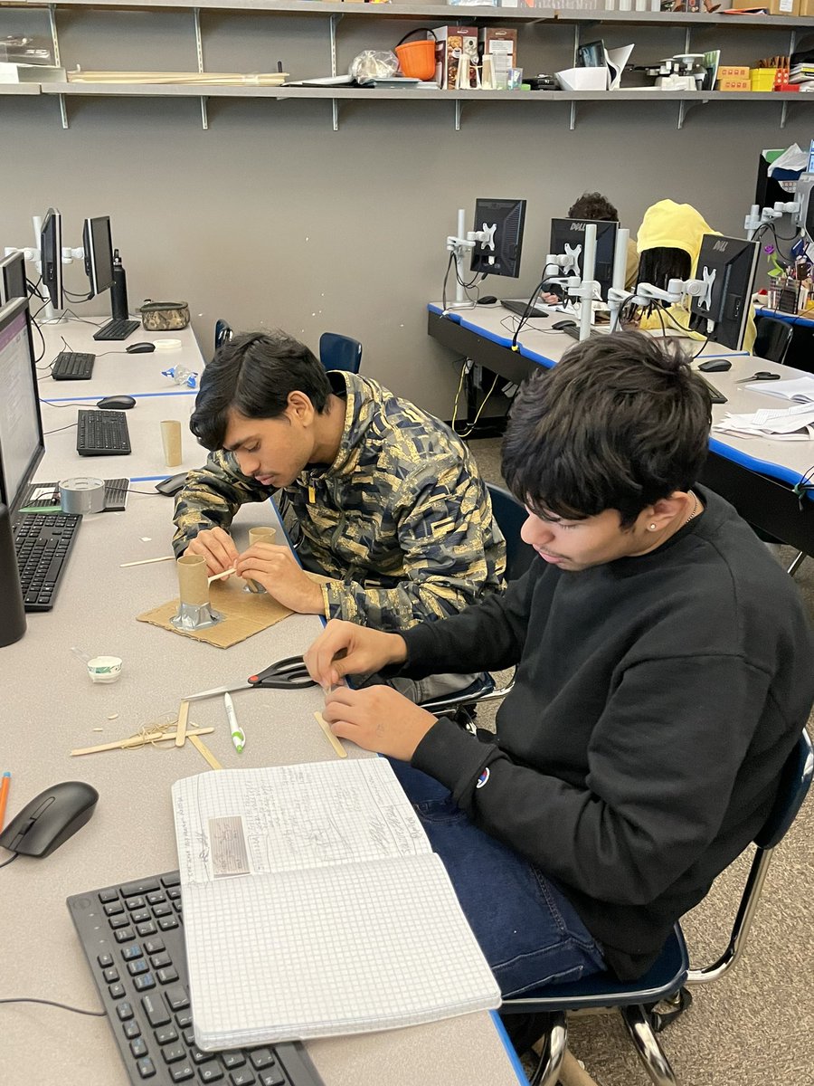 MisterDuffyCTE's tweet photo. @ETHSWildkits @PLTWorg Intro to Engineering Design Ss working through the #redesign of their launching devices. Using the #DesignLoop to modify their product based on updated #design requirements #WildkitEngineering #LearningByDoing @curtisPLTW https://t.co/t57U9qEcOf