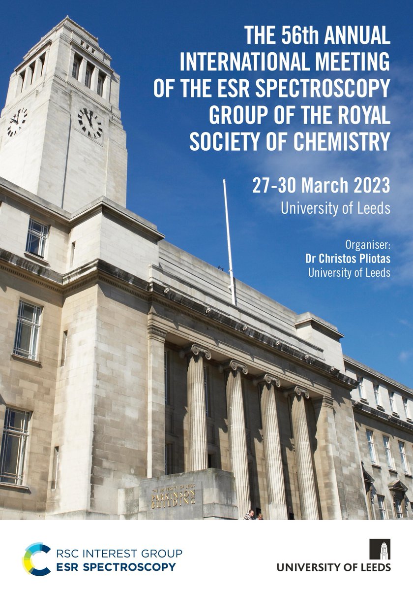 Pliotas Group (@pliotasgroup) on Twitter photo We are excited to host the <a href="/RSC_ESR/">RSC_ESR</a> EPR conference <a href="/UniversityLeeds/">University of Leeds</a> <a href="/AstburyCentre/">Understanding Life in Molecular Detail</a> @ScienceLeeds (27-30 March 2023), the first in Leeds after 37 years! An excellent line of plenary & invited speakers incl <a href="/bruker/">Bruker</a> prize winner. Abstract submission is open:
esr-group.org/conferences/20… We are excited to host the <a href="/RSC_ESR/">RSC_ESR</a> EPR conference <a href="/UniversityLeeds/">University of Leeds</a> <a href="/AstburyCentre/">Understanding Life in Molecular Detail</a> @ScienceLeeds (27-30 March 2023), the first in Leeds after 37 years! An excellent line of plenary & invited speakers incl <a href="/bruker/">Bruker</a> prize winner. Abstract submission is open:
esr-group.org/conferences/20…