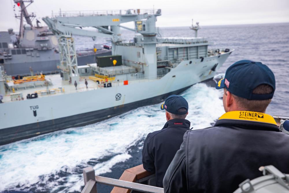 mapleleafnavy's tweet photo. Deployed with the Gerald R. Ford Carrier Strike Group, USS Ramage #DDG61 Sailors handle line during a replenishment-at-sea with the Royal Canadian supply ship MV Asterix. US Navy photos. https://t.co/azEdLnJhpn