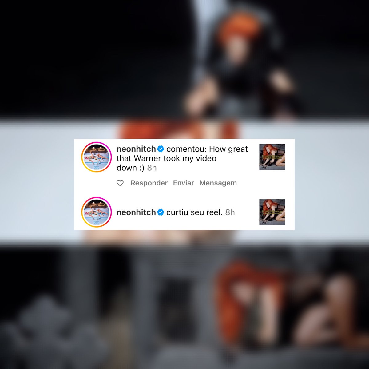 OwnUtopia's tweet photo. Ver artistas perdendo o direito sobre seu próprio trabalho é sempre muito triste, certo?
Em comentario em nosso reel de #FuckUBetta no Instagram, a britânica Neon Hitch respondeu que não tem mais o videoclipe. “Quão incrível que a Warner derrubou meu video :)”. #JusticeForNeon https://t.co/vxr1nBtg4q