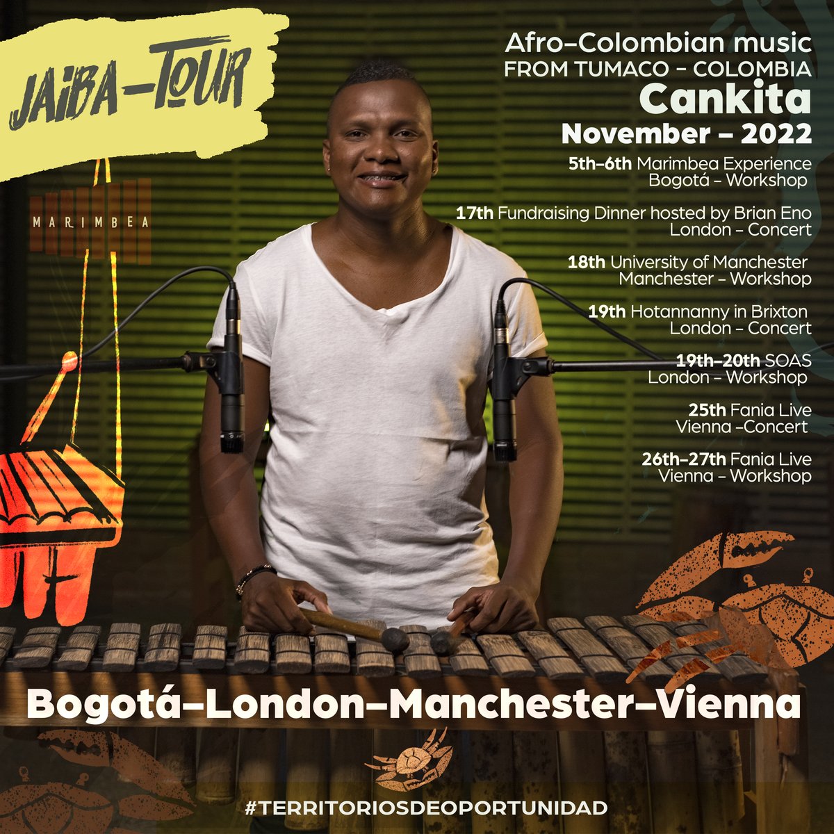 We are excited to bring the traditional music from the Pacific of Colombia to the UK and Austria this November. Join our workshops and concerts to share with one of the most talented musicians of the Pacific: @cankita_22 🇨🇴Bogotá, 🇬🇧 London, 🇬🇧Manchester, and 🇦🇹Vienna. #JaibaTour