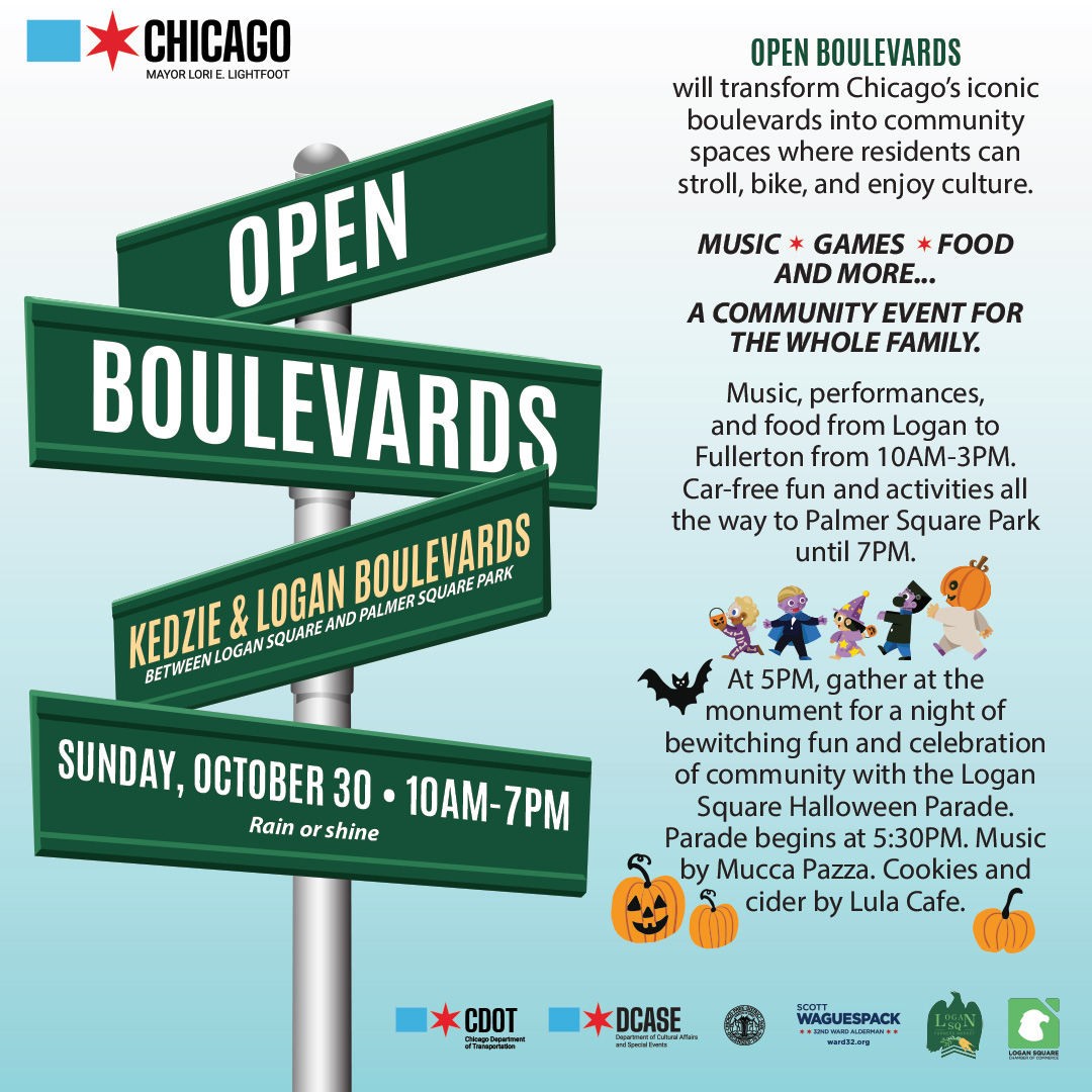 #OpenBoulevards continues this Sunday, October 30 at Kedzie and Logan Boulevards! Come out and enjoy car-free streets, music, games, &amp; the Logan Square Farmers Market, then stick around for the Halloween Parade at 5:30 🎃👻🦇🍂