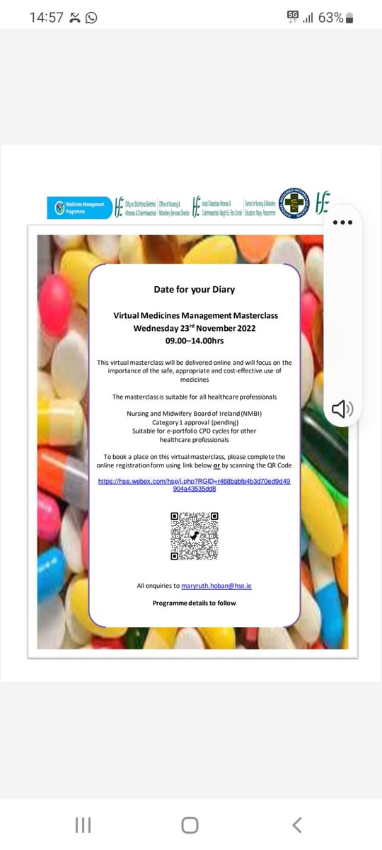 Mary Ruth Hoban (@hoban_ruth) on Twitter photo Registration Now Open for Virtual Medicines Mangement Masterclass on 23.11.2022. Register via link and QR code below #CPD #MedicineManagement <a href="/NurMprescribing/">NurseMidprescribing</a> <a href="/CNMEMayoRos/">CNMEMayoRos</a> <a href="/CNME_Donegal/">CNME Donegal</a> <a href="/CNMESligo/">CNME Sligo, Leitrim and West Cavan</a> <a href="/GSGerShaw/">Dr. Geraldine Shaw</a> <a href="/GrainneGlacken/">Grainne Glacken</a> <a href="/MaireadL2/">Mairéad Loftus</a> <a href="/GrealPaula/">Paula Mc Greal</a> <a href="/nmpduwest/">NMPDU West Midwest</a> @saoltagroup Registration Now Open for Virtual Medicines Mangement Masterclass on 23.11.2022. Register via link and QR code below #CPD #MedicineManagement <a href="/NurMprescribing/">NurseMidprescribing</a> <a href="/CNMEMayoRos/">CNMEMayoRos</a> <a href="/CNME_Donegal/">CNME Donegal</a> <a href="/CNMESligo/">CNME Sligo, Leitrim and West Cavan</a> <a href="/GSGerShaw/">Dr. Geraldine Shaw</a> <a href="/GrainneGlacken/">Grainne Glacken</a> <a href="/MaireadL2/">Mairéad Loftus</a> <a href="/GrealPaula/">Paula Mc Greal</a> <a href="/nmpduwest/">NMPDU West Midwest</a> @saoltagroup