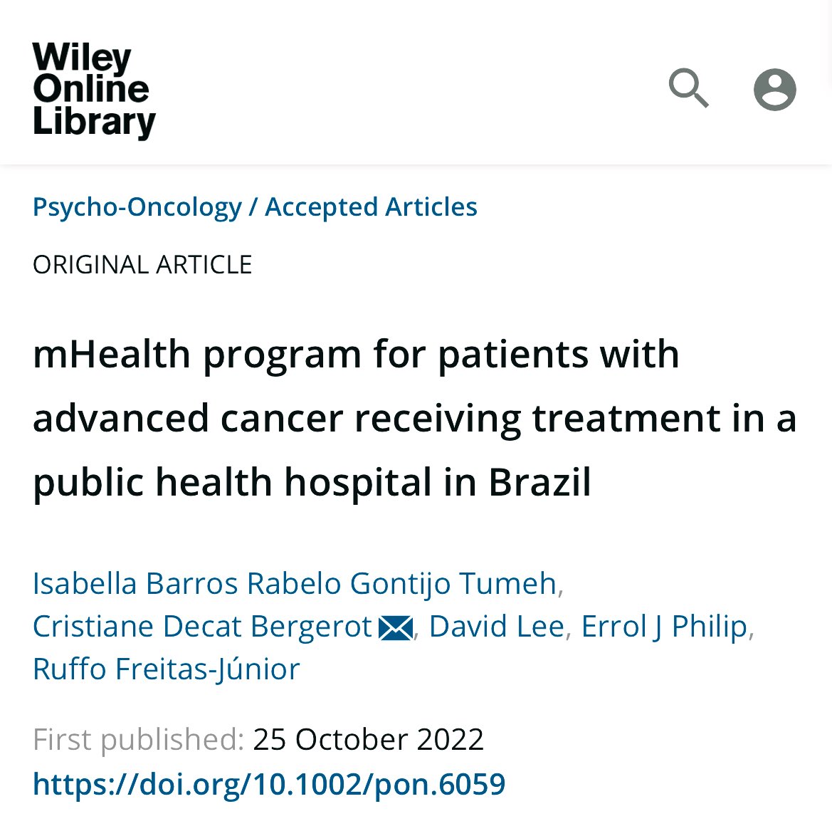 👏🏻👏🏻Congratulations to <a href="/isaagontijo/">Isabella Gontijo Tumeh</a> for this fantastic study published <a href="/IPOSPsychoOncol/">IPOS</a> 

This is the first mHealth program developed for patients with cancer receiving treatment in a public hospital 🇧🇷 #ePRO #eHealth #mHealth 

ncbi.nlm.nih.gov/pubmed/36284459