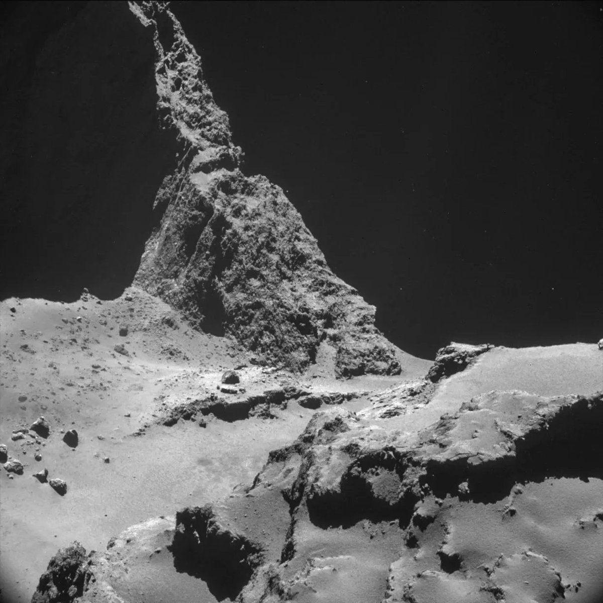 #PPOD: This image from the @ESA_Rosetta's navigation camera (NAVCAM) of comet 67P/Churyumov–Gerasimenko, from less than 10 km above the surface. The image has been processed to bring out subtly illuminated features on the otherwise very dark surface. Credit: @esa