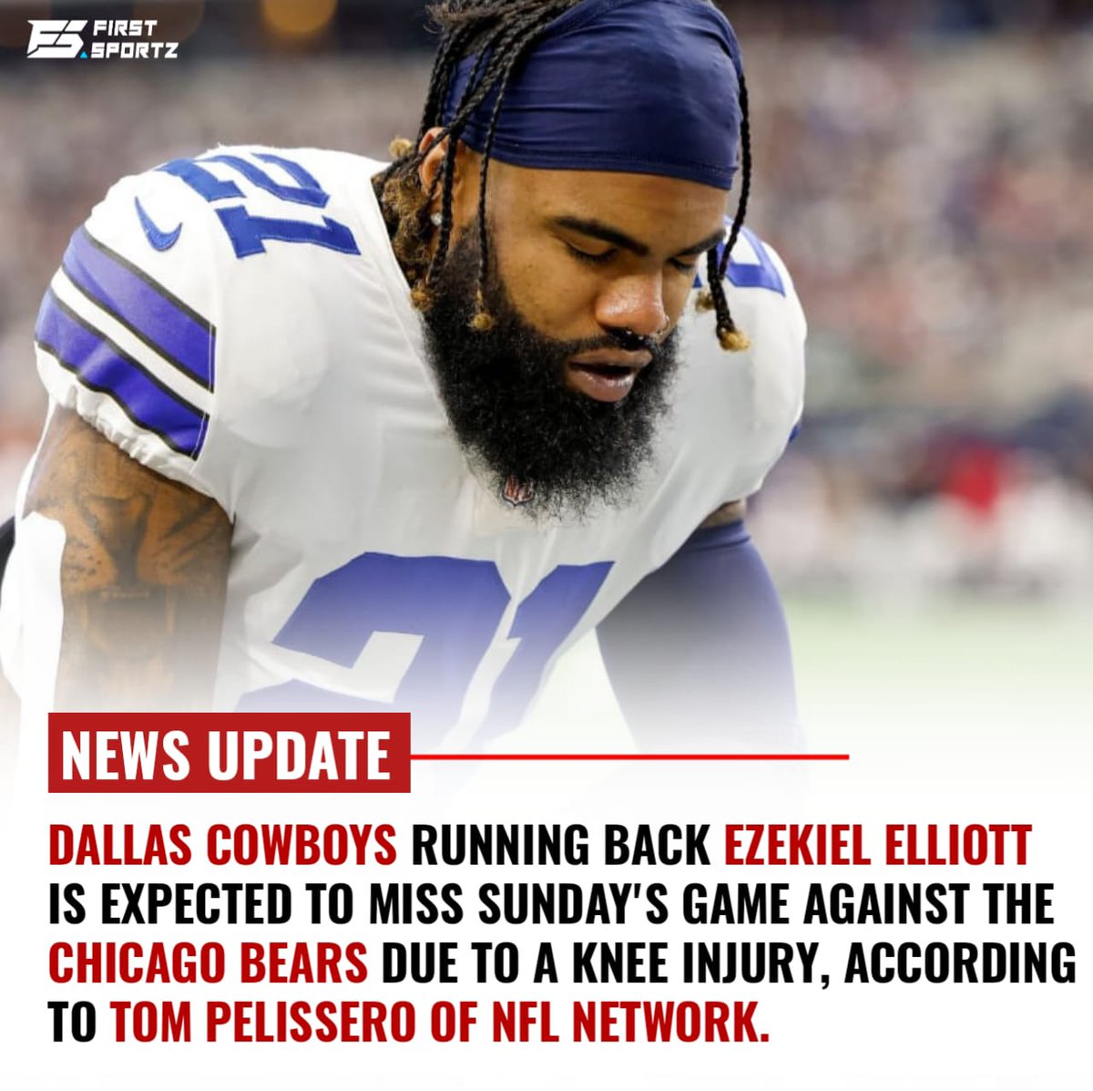 Cowboys running back Ezekiel Elliott is likely to miss the Week 8 game against the Bears after suffering a sprained MCL in his right knee and a thigh bruise in last week's win over the Lions. #CowboysNation #CowboysFootball #NFL #NFLTwitter #DallasCowboys #NFLRumors