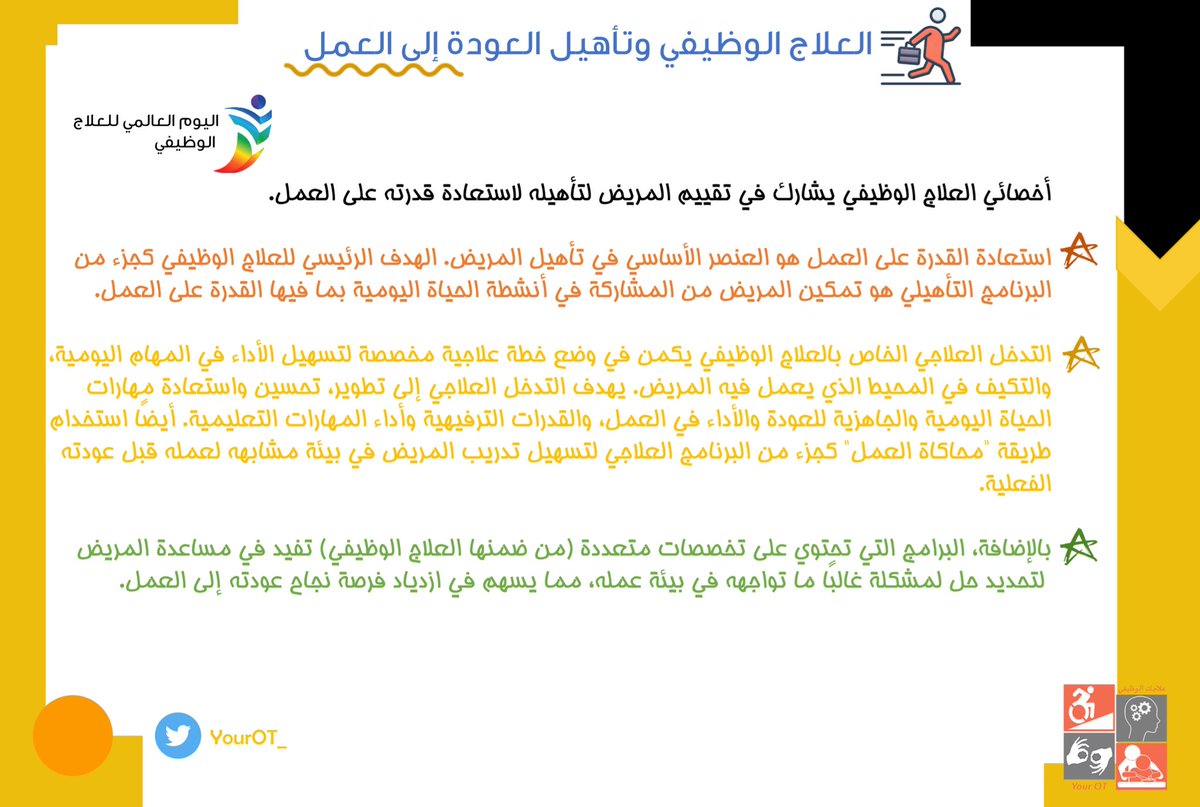 YourOT_'s tweet photo. العلاج الوظيفي وتأهيل العودة إلى العمل 🌟
يوم عالمي سعيد لتخصصنا الرائع! 🎉🥳#اليوم_العالمي_للعلاج_الوظيفي ✨ #علاجك_الوظيفي https://t.co/P9ATt7K2jn