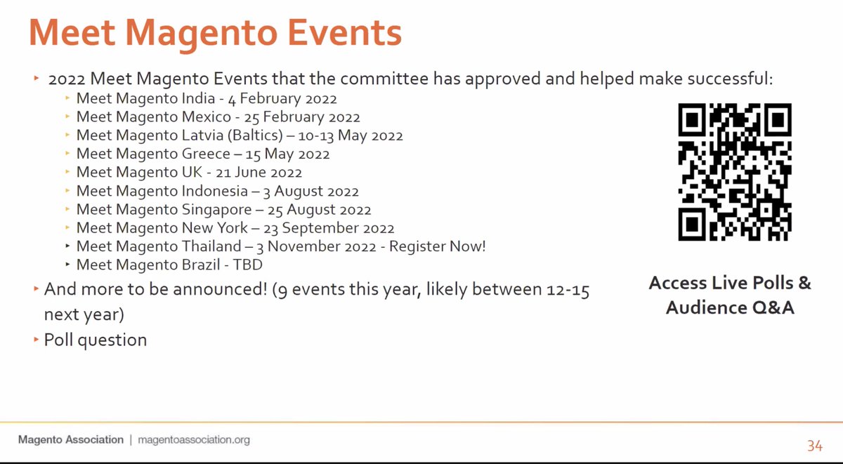 JoshuaSWarren's tweet photo. Meet Magento events will be back to 12-15 events in 2023, near the historic all-time high mark for Meet Magento events. Thank you to all the organizers and the @MagentoAssoc events committee! #MATownHall https://t.co/4xn2H3b1eD