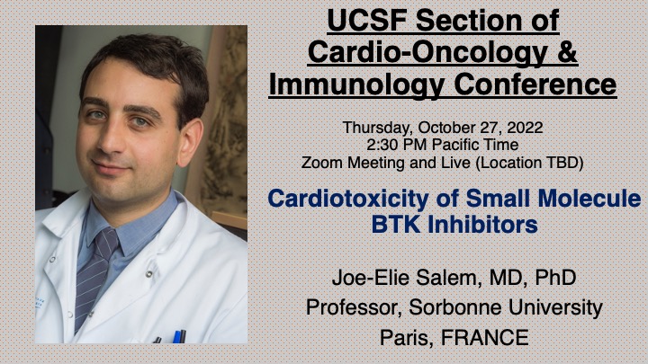 Excited 2 host Professor <a href="/DrJESalem/">DrJE-Salem</a> at <a href="/UCSF/">UC San Francisco</a> Section of #CardioOnc &amp; Immunology for the coming week. Brief presentation today for our #CardioOnc conference! @EimanJahangir <a href="/AmirZMunir/">Amir Munir</a> <a href="/drycm2d/">Yen-Chou (YC) Chen</a> <a href="/MandarArasMD/">Mandar Aras, MD, PhD</a> <a href="/baik_alan/">Alan Baik</a> <a href="/JuanQinMed/">Juan Qin, PhD</a> <a href="/ShaoyiZhang88/">Shaoyi Zhang</a> <a href="/BeiGeneGlobal/">BeiGeneGlobal</a> @IMBRUVICAUSHCP