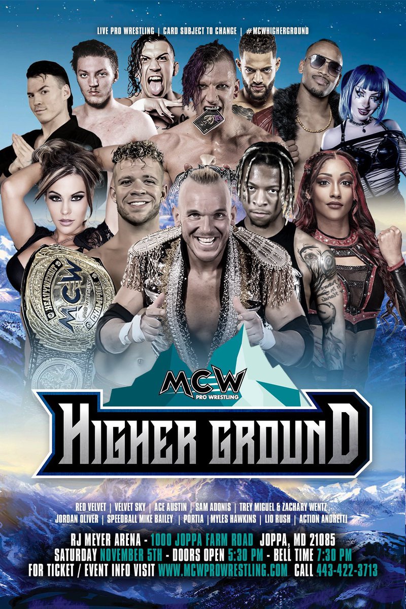 .@MCWWrestling RETURNS for another #actionpacked night of FAMILY FRIENDLY #LiveProWrestling at the #RJMeyerArena as #MCWHigherGround kicks off #Nov w/ a BANG! 

#MCWChampion @ActionAndretti’s 1st title defense vs @SpeedballBailey 

@IamLioRush @VelVelHoller #therascalz and more!