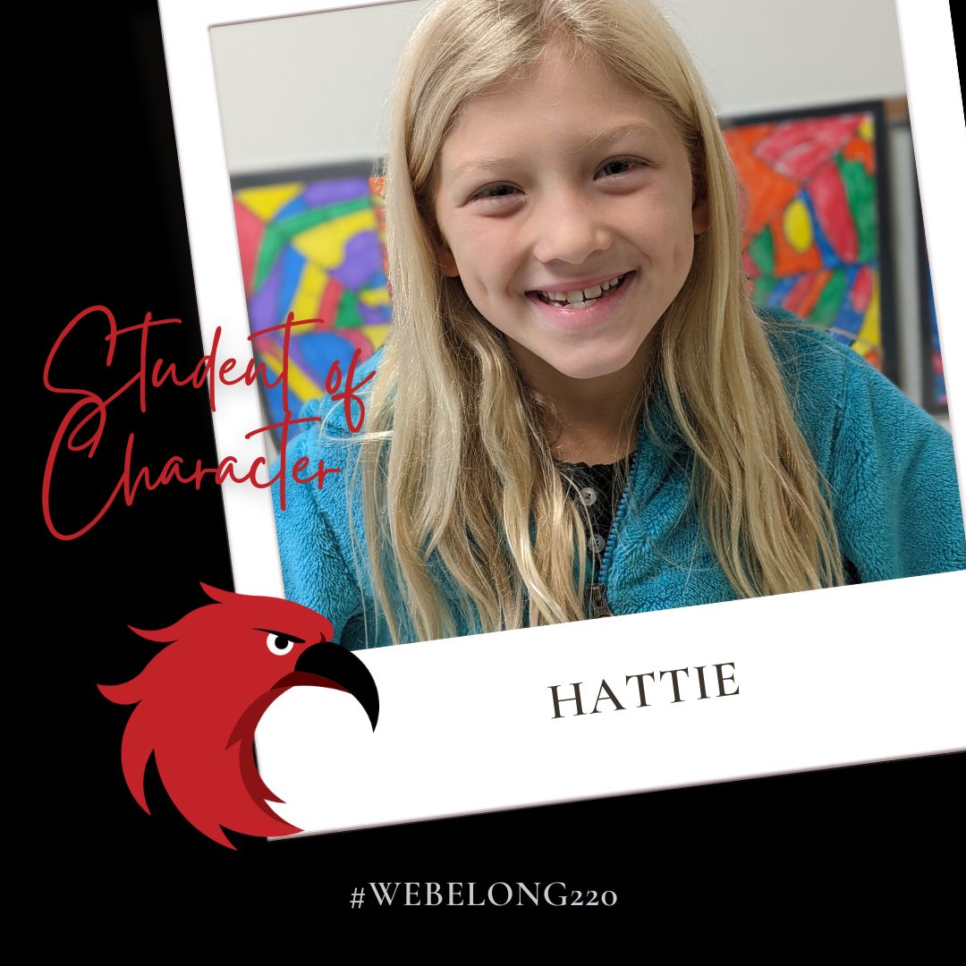 Congratulations to our Student of Character!
Hattie shows her character by helping younger students!
#WeBelong220 <a href="/HoughStreet220/">Hough Street School</a>