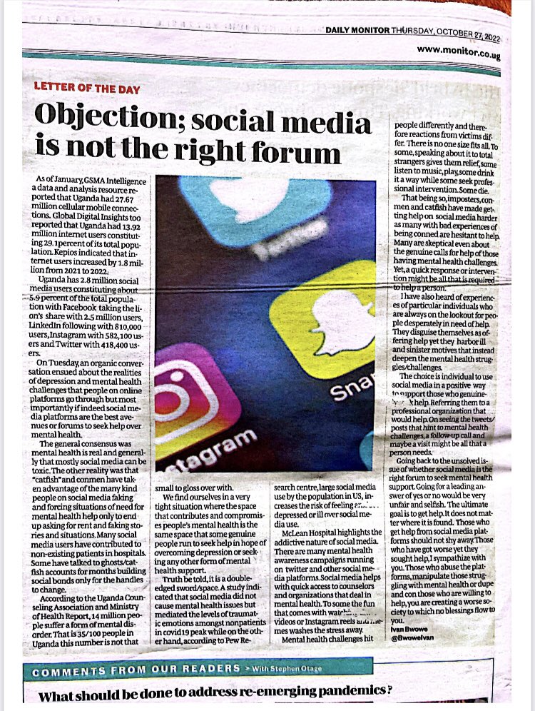 It is the letter of the day 🥰🥰

Social Media, Mental Health and Conmen/conwomen and Catfish Accounts.

Special shout out to the two ladies that inspired this article. 

monitor.co.ug/uganda/oped/le…