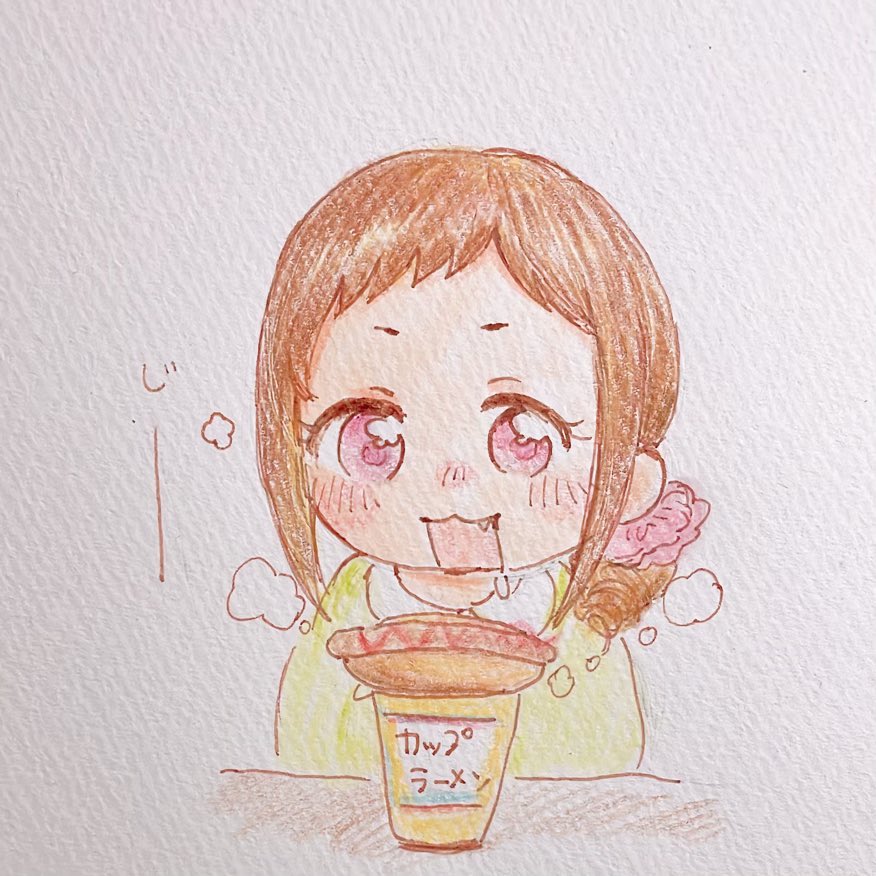 1girl solo brown hair traditional media food blush open mouth  illustration images
