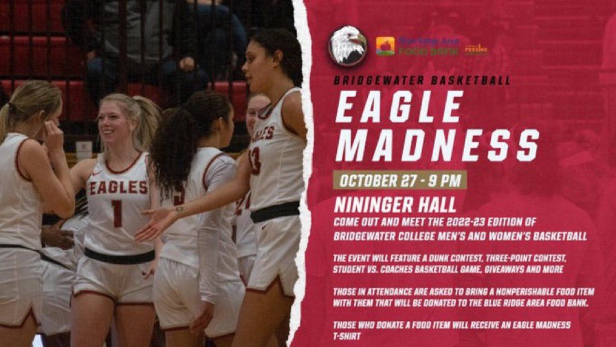 BridgewaterMBB's tweet photo. Eagle Madness tonight 9:00 PM in Nininger Hall! Come out and meet your 2022-2023 men’s and women’s basketball teams 🦅 https://t.co/yu60hydzGD