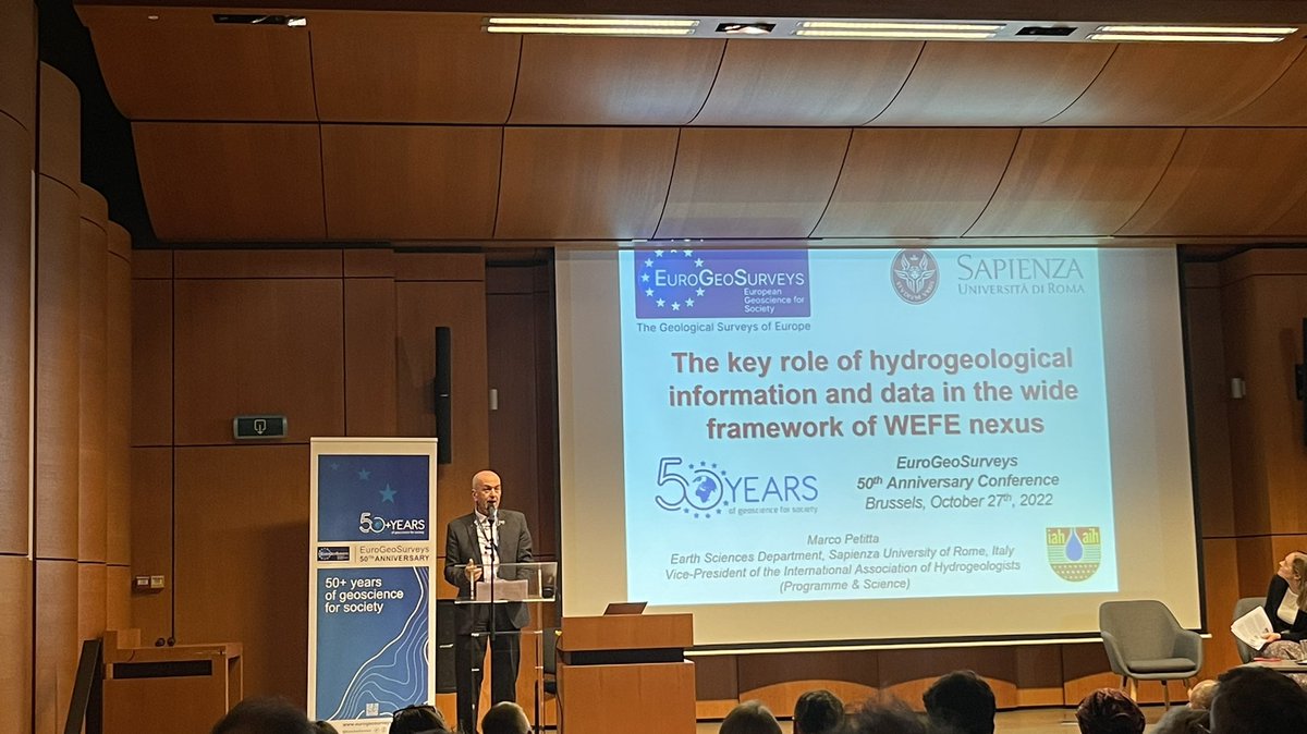 Our final speaker before the panel - #hydrogeologist Prof Marco Petitta of Sapienza University of Rome and VP of <a href="/iahgroundwater/">IAHgroundwater</a> on the relevance of #groundwater data in the wide framework of #WEFE nexus. #GSEU #geologicalserviceforEurope