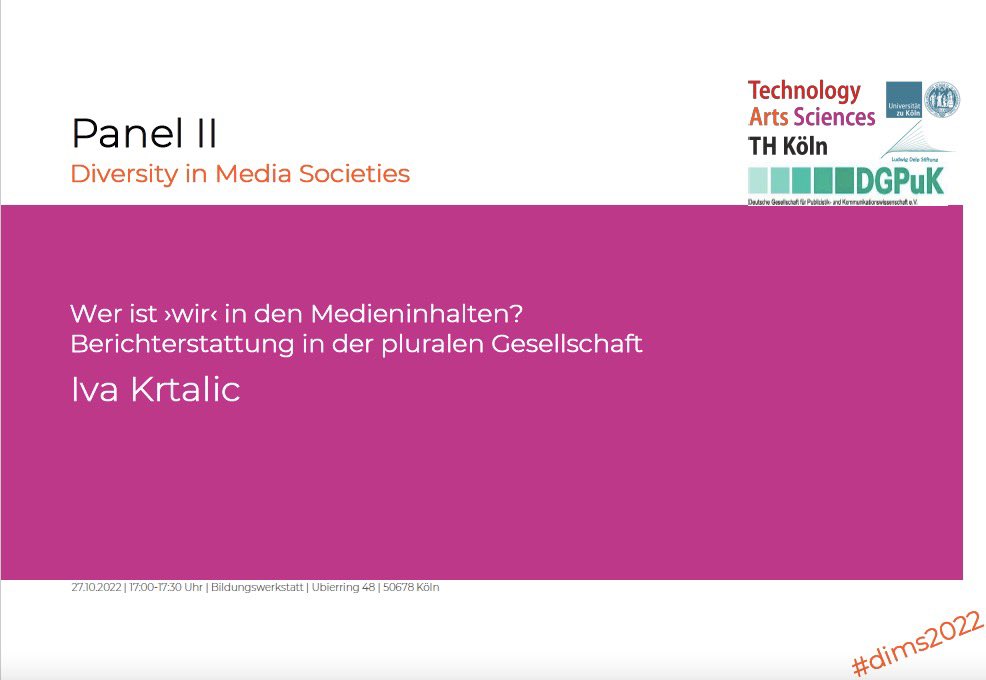 dgpuk_internatl's tweet photo. Panel II ist ein interaktiver Vortrag, in dem @iva_krtalic fragt: »Wer ist ›wir‹ in den Medieninhalten?«
Sie widmet sich spannenden Fragen zur #Berichterstattung in der pluralen Gesellschaft

#dims2022 ^mg https://t.co/0gTJWeEhLY