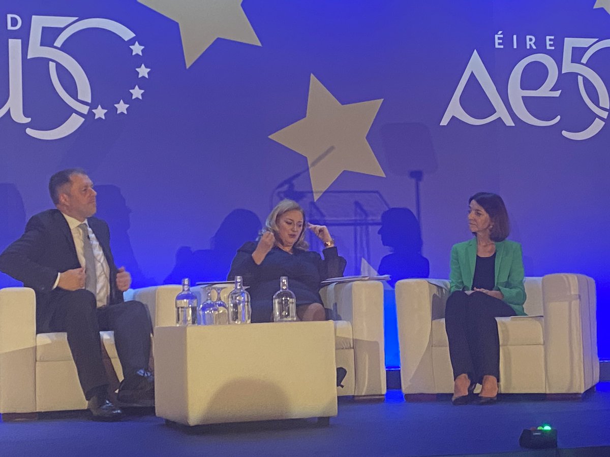 IEAmbZagreb's tweet photo. After a very interesting and informative #EU50SMCONF, the last session brings together Minister of State for European Affairs, Thomas Byrne TD and Minister of State for Europe for France, Laurence Boone to talk about the future. https://t.co/bcerJ2TFJu