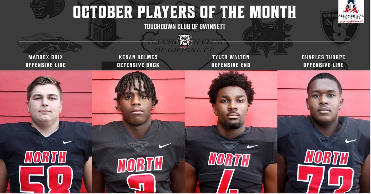 TDClubofGwinnett (@gwinnetttdclub) on Twitter photo Gwinnett TD Club, October Players of the month! Congratulations to these players and their coaches.
<a href="/NGHSFootball/">North Gwinnett Football</a> <a href="/NGHSAthletics/">North Gwinnett Athletics</a> @NGPowerHouse <a href="/willhammock/">Will Hammock</a> <a href="/GDPsports/">Gwinnett Daily Post</a> Gwinnett TD Club, October Players of the month! Congratulations to these players and their coaches.
<a href="/NGHSFootball/">North Gwinnett Football</a> <a href="/NGHSAthletics/">North Gwinnett Athletics</a> @NGPowerHouse <a href="/willhammock/">Will Hammock</a> <a href="/GDPsports/">Gwinnett Daily Post</a>