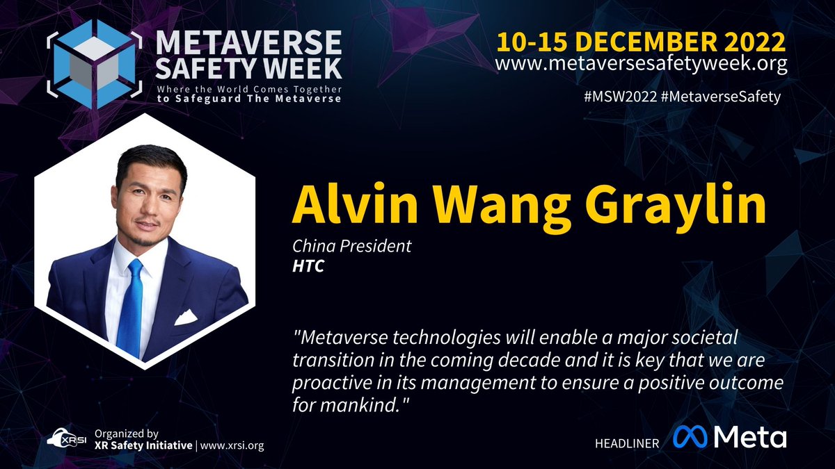 MetaSafetyWeek's tweet image. We are delighted to announce @agraylin, China President, HTC as a speaker at #MSW2022.

 Looking forward to meeting him at the event?
Sign up 👉 tinyurl.com/4cyzahbe

 #MetaverseSafety #XR #AR #VR #XRSI #Web3 #EmergingTech #ImmersiveTechnology #DLT #ReadyHackerOne #Rh1