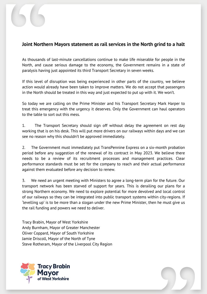 As Northern Mayors who represent 9 million people, we've had enough.

The rail network is letting our people down.

If ‘levelling up’ is to be more than a slogan under the new Prime Minister, then he must give us the money and powers we need to deliver.

Our full statement 👇
