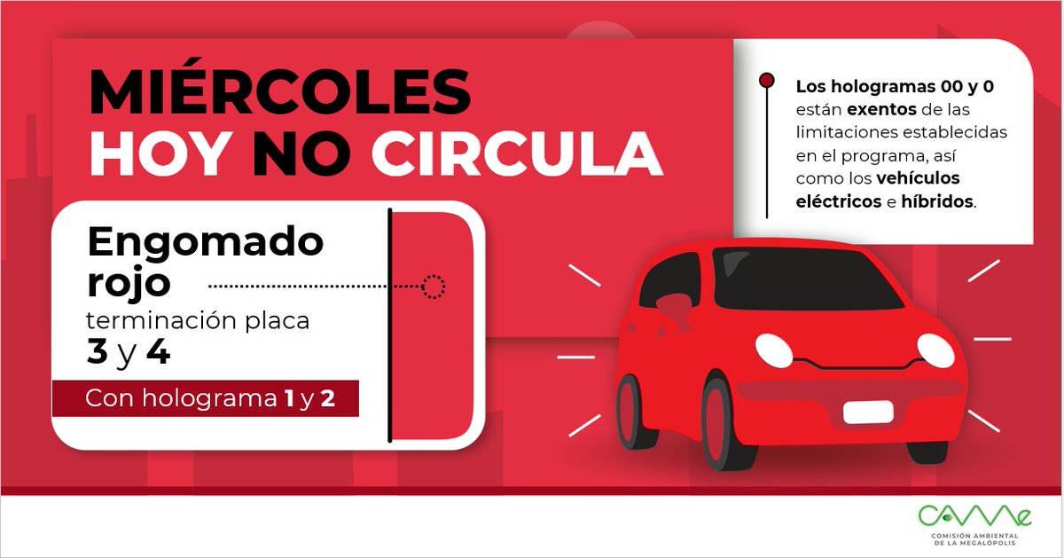 CAMegalopolis's tweet photo. 🌞¡Buenos días! ☕️
El #HoyNoCircula del miércoles 23 de noviembre en la #ZMVM aplica para vehículos con #EngomadoRojo con terminación de placas 3 y 4, holograma 1 y 2.
Hologramas 00 y 0 quedan exentos.
🚕🚗🚘🚙🚛🏍🚚
#FelizMiércolesATodos https://t.co/KdyOLqFHTc