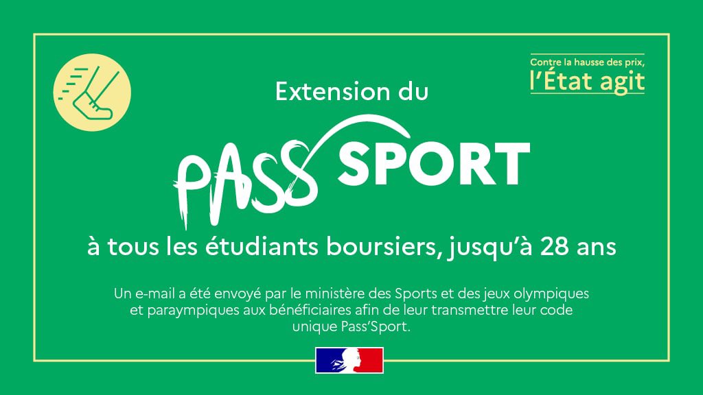 68% d'étudiants estiment que la pratique sportive est trop coûteuse. Essentiel à notre épanouissement, à notre santé, le sport ne peut être freiné par la précarité. Pour cette raison, le Pass’Sport a été élargi aux étudiants boursiers 👉 sports.gouv.fr/pass-sport-une…