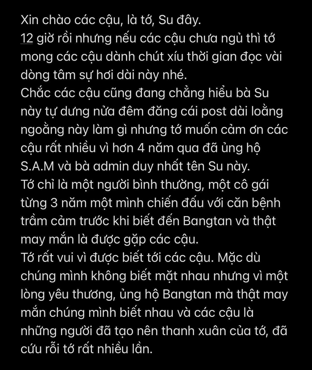 BTSVietnam_SAM's tweet photo. Tớ xin lỗi vì khoảng thời gian qua không hoàn thành tốt nhiệm vụ của mình với S.A.M và với các cậu.
Tớ sẽ sớm quay trở lại sau khi hoàn thành tốt mục tiêu của mình.
Đừng quên tớ nha 🥺
Tớ cảm ơn các cậu vì hơn 4 năm qua 💜
@BTS_twt #BTS #BTSARMY https://t.co/4nLfhweYWX
