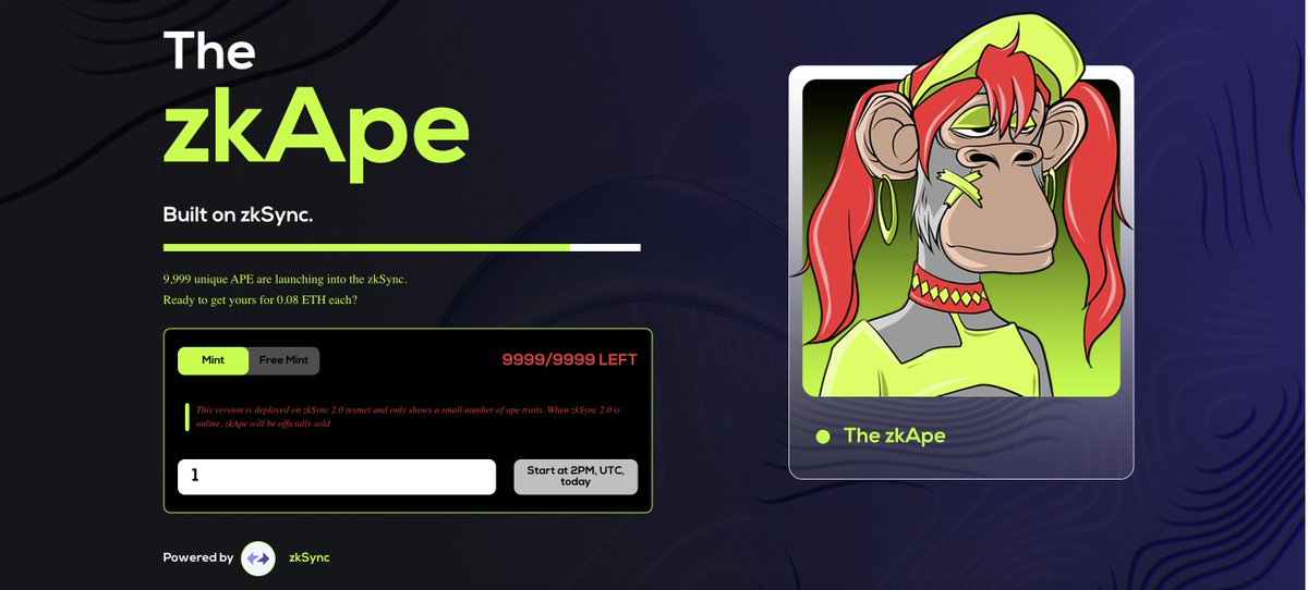 🚨 Mint The zkApe

🔸zkape.io/#/
‌Bridge from Ethereum Goerli if you don't have $ETH 
🔸portal.zksync.io/bridge/withdraw

⭕️ Don't forget to like and RT for Twitter Algorithm 
#AlphaInsiders 🕵️‍♂️⚡️🪂