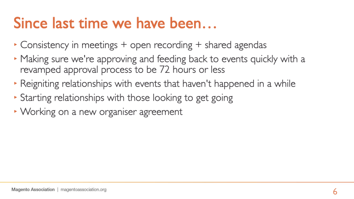 jhuskisson's tweet photo. Here are my slides from the Events Committee update at the @MagentoAssoc Town Hall today (part 2) #MATownHall https://t.co/dDL7xsUZt5