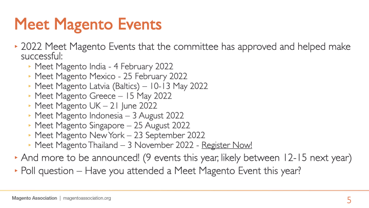 jhuskisson's tweet photo. Here are my slides from the Events Committee update at the @MagentoAssoc Town Hall today (part 2) #MATownHall https://t.co/dDL7xsUZt5