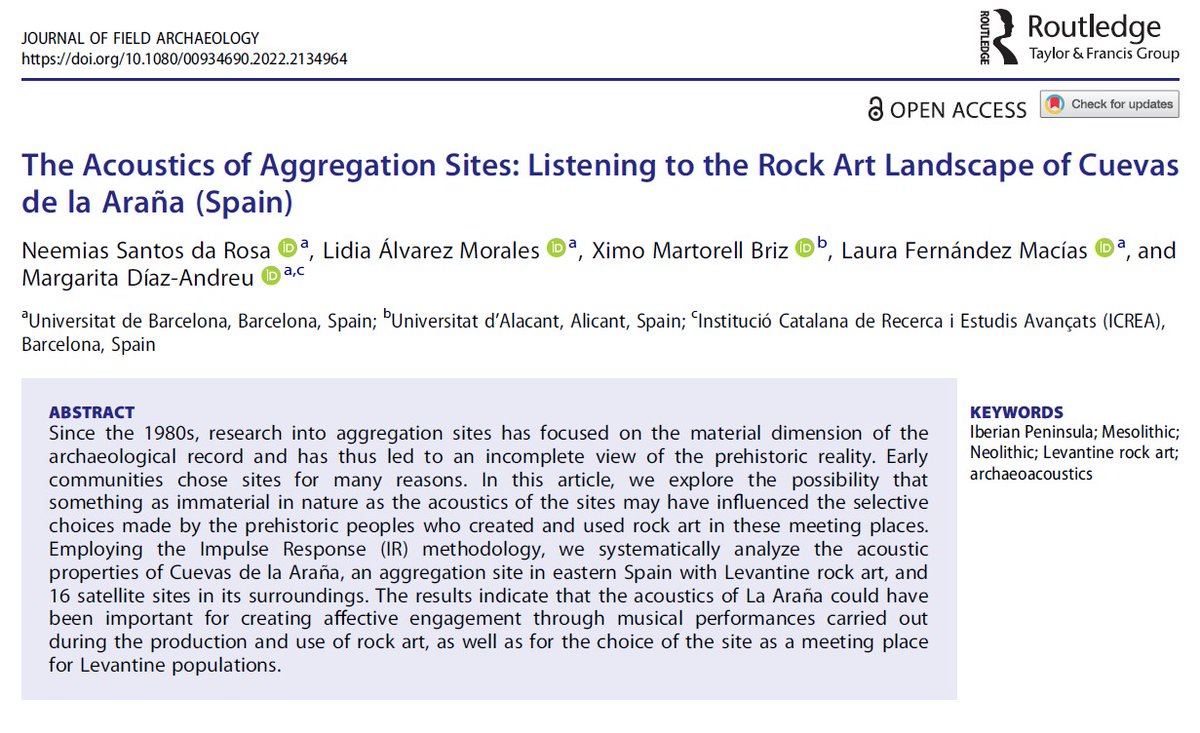 NeemiasSdR's tweet photo. Interested in rock art and prehistoric aggregation sites? So take a look at our new article "The Acoustics of Aggregation Sites: Listening to the Rock Art Landscape of Cuevas de la Araña (Spain)", published today in the Journal of Field Archeology @J_F_Archaeology. https://t.co/MEGy3WRSmq