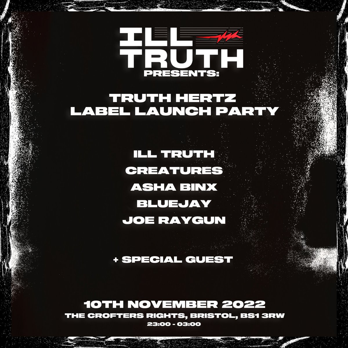 First part of the line up announced:

Bristol, let’s get weird on a Thursday 🎉 

<a href="/creaturesdnb/">Creatures</a> <a href="/BluejayMC/">Bluejay the MC</a> <a href="/Joe_RaygunYouth/">Joe Raygun</a> <a href="/Crofters_Rights/">The Crofters Rights</a> 

eventbrite.com/e/ill-truth-pr…