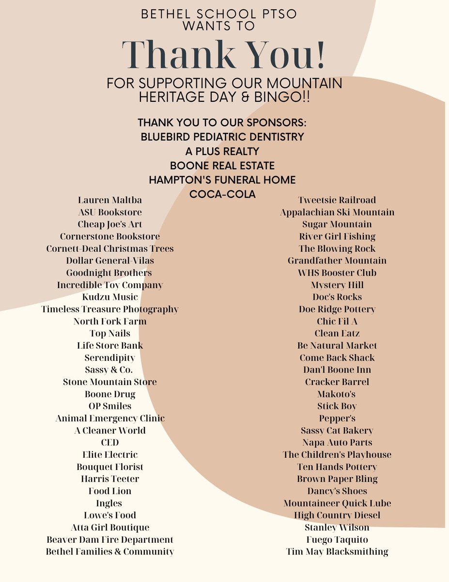 Thank you to all of the businesses and individuals that made a donation to Bethel's Mountain Heritage Day and BINGO event!  We were able to raise funds for our PTSO and the 2024 7th &amp; 8th Grade Trip.  Thank you for supporting Bethel School!  #bethelallin #WeAreWatauga