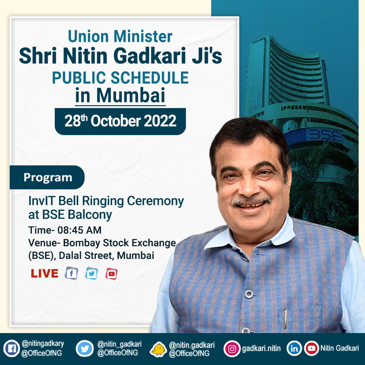 OfficeOfNG's tweet photo. Union Minister Shri @nitin_gadkari Ji's public schedule for 28th October 2022. https://t.co/HS69jUwLoA