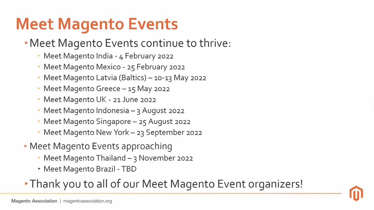jhuskisson's tweet photo. @MagentoAssoc had 8 Meet Magento events this year. And could have 15 or more in 2023. (I'm personally changing the number on the slide, knowing what I know from being Event's Committee Chair) #MATownHall
@MeetMagentoUK @meetmagentonyc @MeetMagentoSG @MeetMagentoIN https://t.co/EMdFMrKQhN