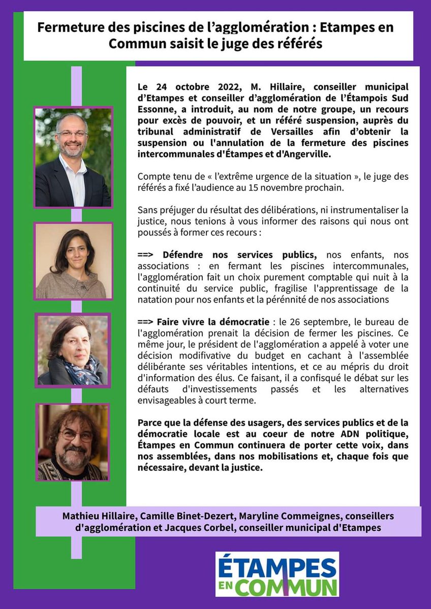 MHillaire91's tweet photo. Pour contester la fermeture des #piscines intercommunales d'#Etampes et d'#Angerville, et réclamer le respect des droits des élus, notre groupe saisit le juge administratif. L'audience en #référé est fixée au 15 novembre.
Retrouvez notre communiqué ⤵️ https://t.co/uFBOtGSqwZ