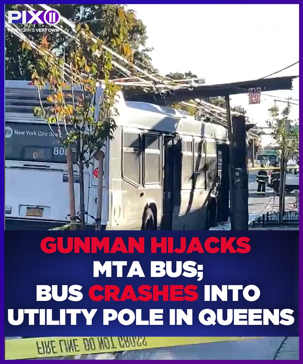 #Breaking An MTA bus was hijacked in Queens, sources said. The driver reportedly opened the doors so passengers could flee, then jumped out of a window before the bus crashed into a utility pole.

More details on the developing story: pix11.com/news/local-new…