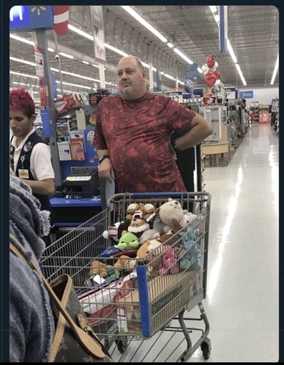 I was at Walmart tonight &amp; I saw this man w/ a cart full of stuffed animals. When I asked him why, my heart became full. He told me that every year he dresses up as Santa &amp; walks the halls of the children ER &amp; resells them to dying kids at a massive markup