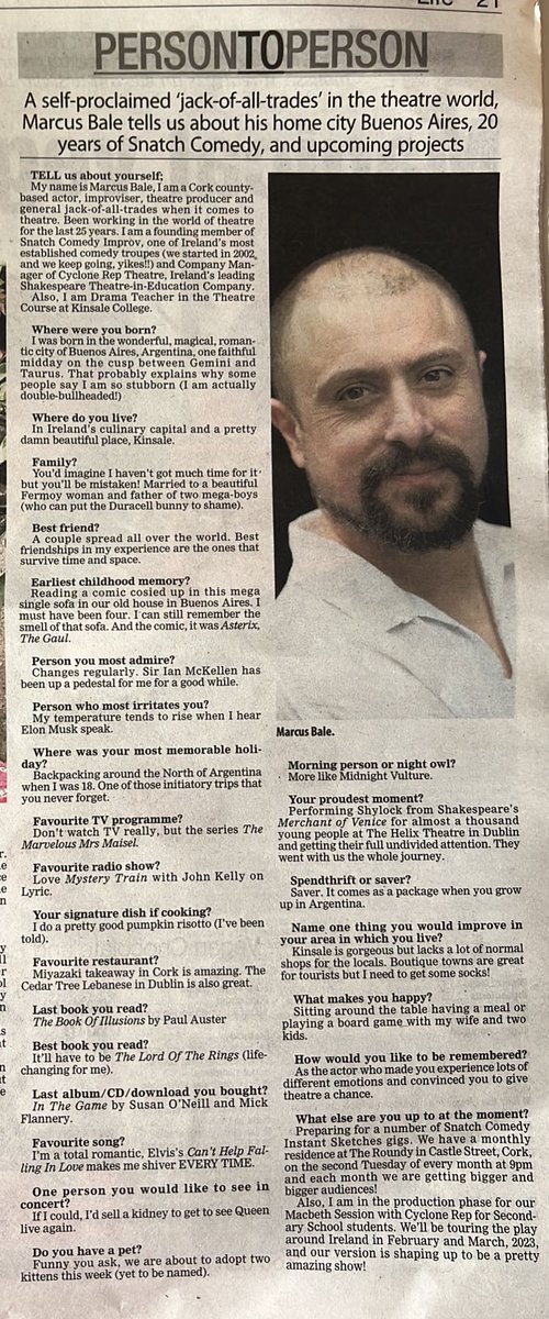 marcusbale's tweet photo. Look who came out in the paper yesterday! @marcusbale @SnatchComedy @CycloneRep #actorslife #actorcork #theatre #shakespeare #improv https://t.co/T0DEPxAVrT