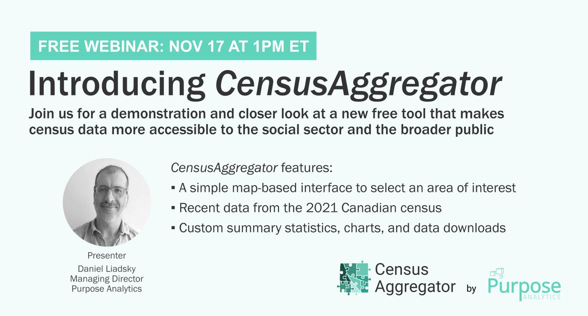 purposeanalytix's tweet photo. We're excited to be launching this new #2021Census tool. Select a region on a map and get back aggregate statistics, charts, and data for that area. No data handling required.

Join us for a free webinar on Nov 17 at 1pm ET. Registration: https://t.co/ARqVNZ2ddU https://t.co/Ipoxt9nrpT
