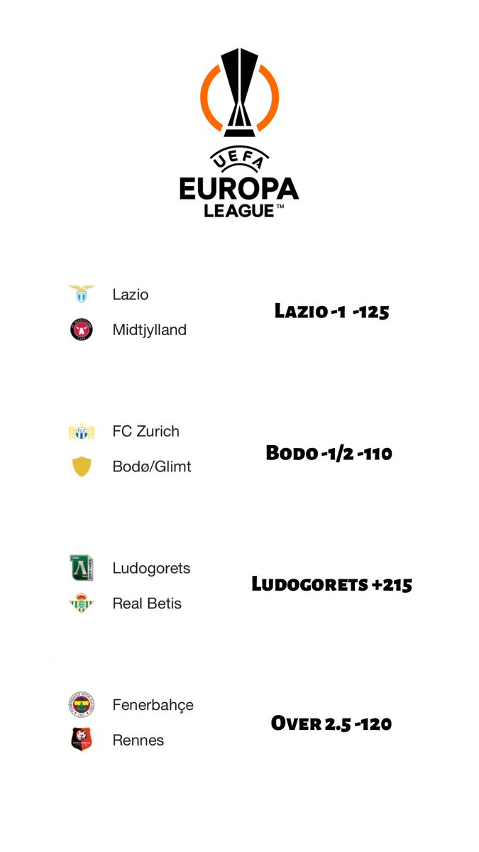CrustyPicks's tweet photo. Europa League action today…. I see it clearly, no need to reach in games where anything can happen

Best Bets :

Ludogorets +215
Lazio -1 -125 
Fenerbache/Rennes over 2.5

@BettingThePitch @PicksCentral https://t.co/HdFzQpHxkf
