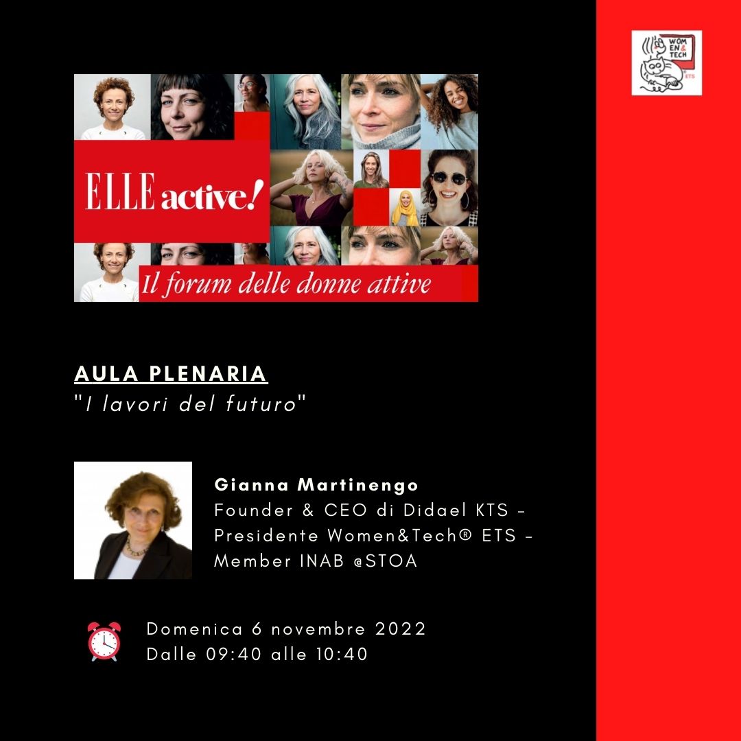 womentech's tweet photo. Continuano gli appuntamenti a #ELLEactive. Segnaliamo la sessione plenaria "I lavori del futuro" con intervento della nostra Presidente @MartinengoG
📆6/11⏰9:40
UNISCITI A NOI👇
https://t.co/gua3EROMVa
#morewomen #womentech #ready4future #empowerment #stemGAP @Elle_Italia https://t.co/iztXsJIHaX