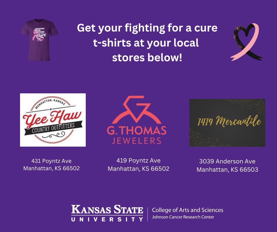KStateCancerRes's tweet photo. October is almost over! Get your Fighting for a Cure
t-shirt at your local stores below and wear it on October 29th to show your support for Breast Cancer Awareness month and JCRC!
https://t.co/NKOMXBBqCJ
#Kstate #breastcancerawarenessmonth๐ #HelpKStateFightCancer https://t.co/gbfrjibxK5