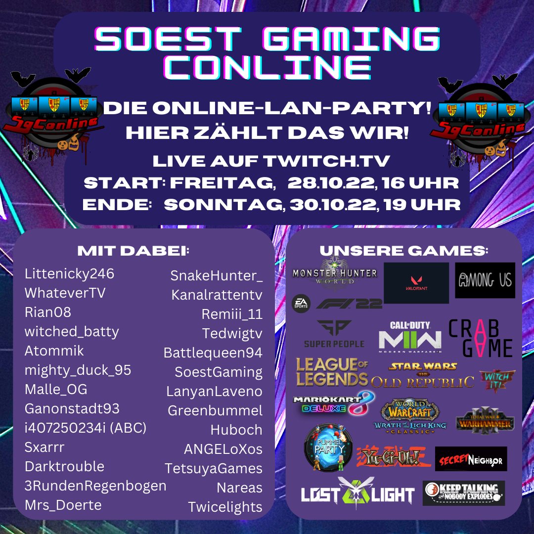 soestgaming's tweet image. Morgen geht es endlich los! Ab 18 Uhr, ein Wochenende, 28 Streamer*innen!

#twitch #soestgaming #conline #onlinelanparty #streamer #netzwerk #abfahrt #einwochenende #fun #streaming
