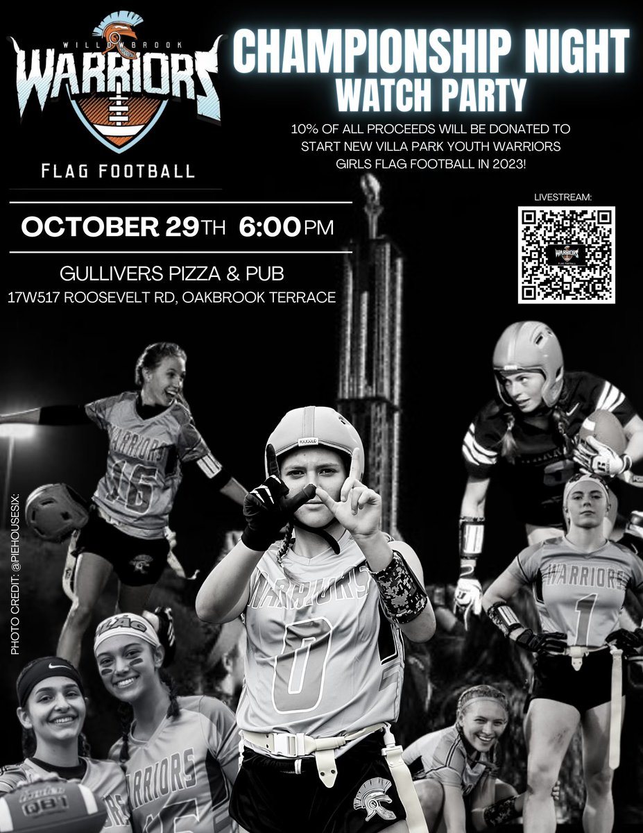 Spend Saturday night at Gulliver’s Pub.   They will be streaming the Girls Flag Football Championships and raising proceeds for our NEW VILLA PARK WARRIORS GIRLS FOOTBALL PROGRAM!  Be there!! <a href="/BearsOutreach/">Chicago Bears</a> @USAFlagFootball <a href="/NFLFLAG/">NFL FLAG</a>